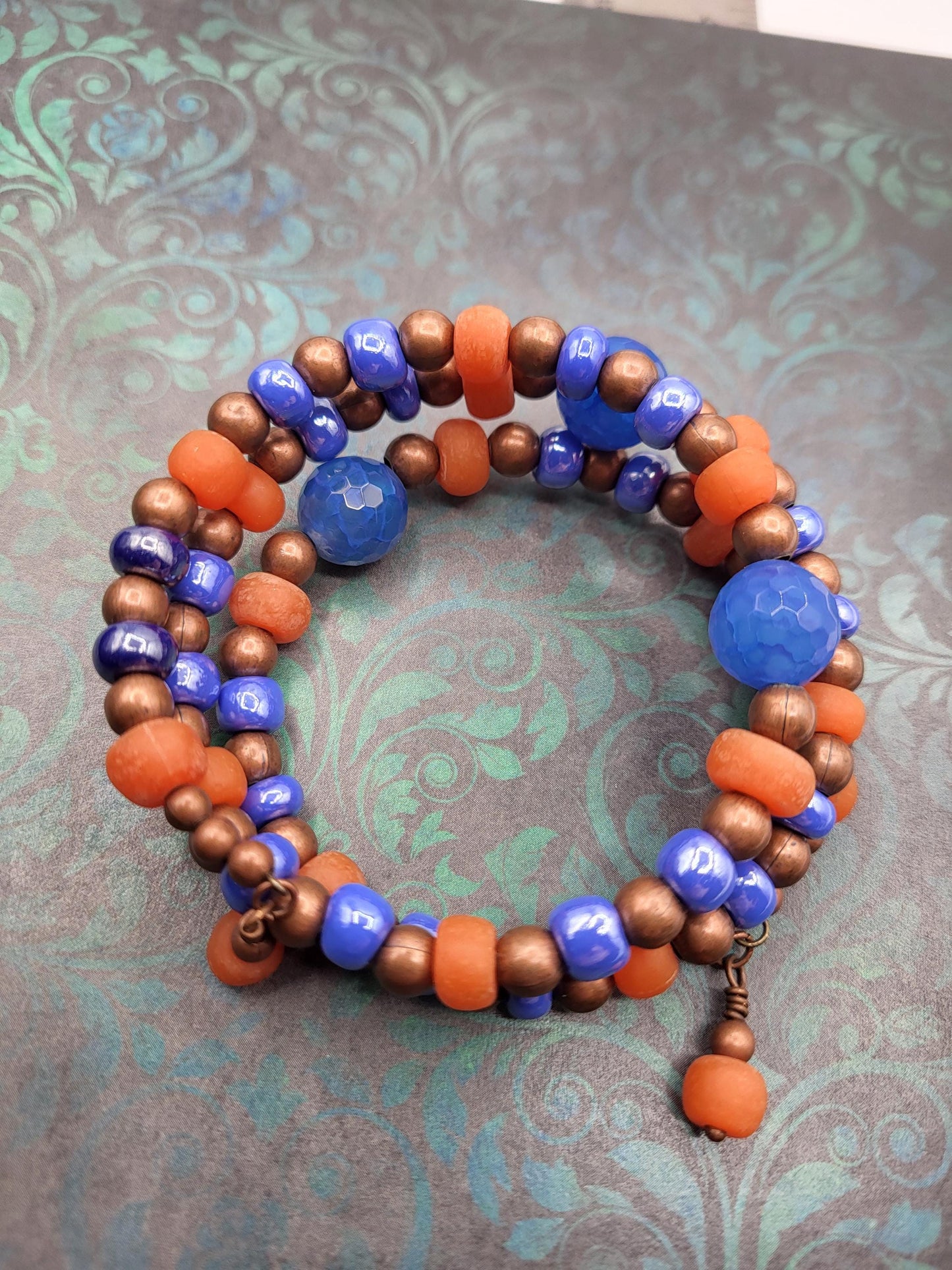 Orange African Bottle Glass Copper and Fire Blue Agate and Glass Beaded Bracelet Handmade