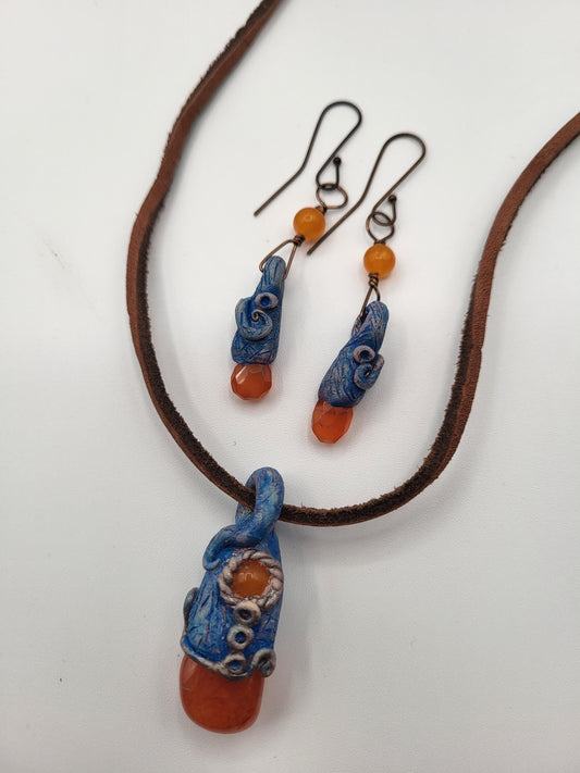 Fairy Carnelian Pendant and Earrings, Polymer Clay and Gems.