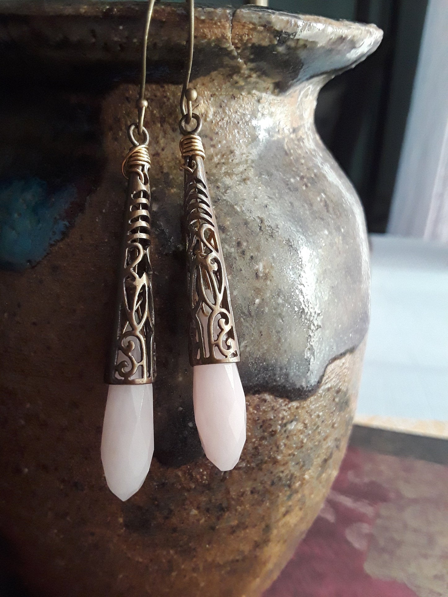 Pink Jade and Antique Bronze Drop Earrings
