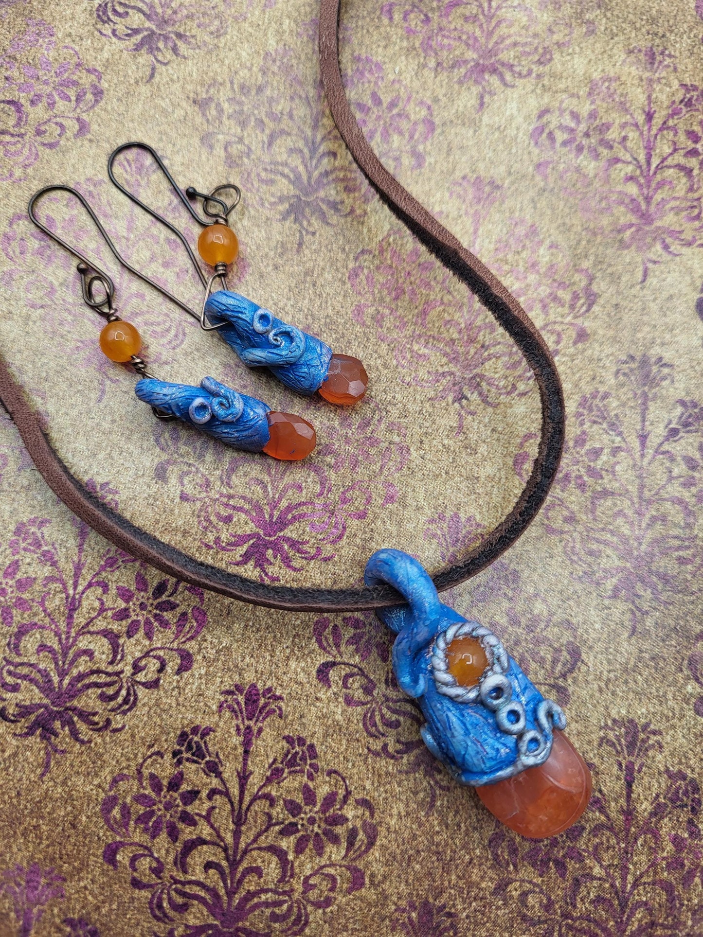 Fairy Carnelian Pendant and Earrings, Polymer Clay and Gems.
