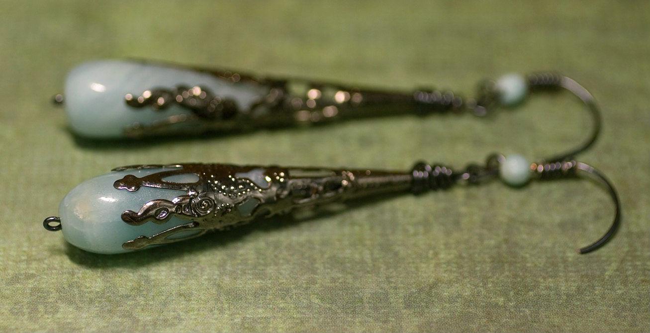 Amazonite Wire Wrapped Earrings with Gun Metal Wire and Bead Cap
