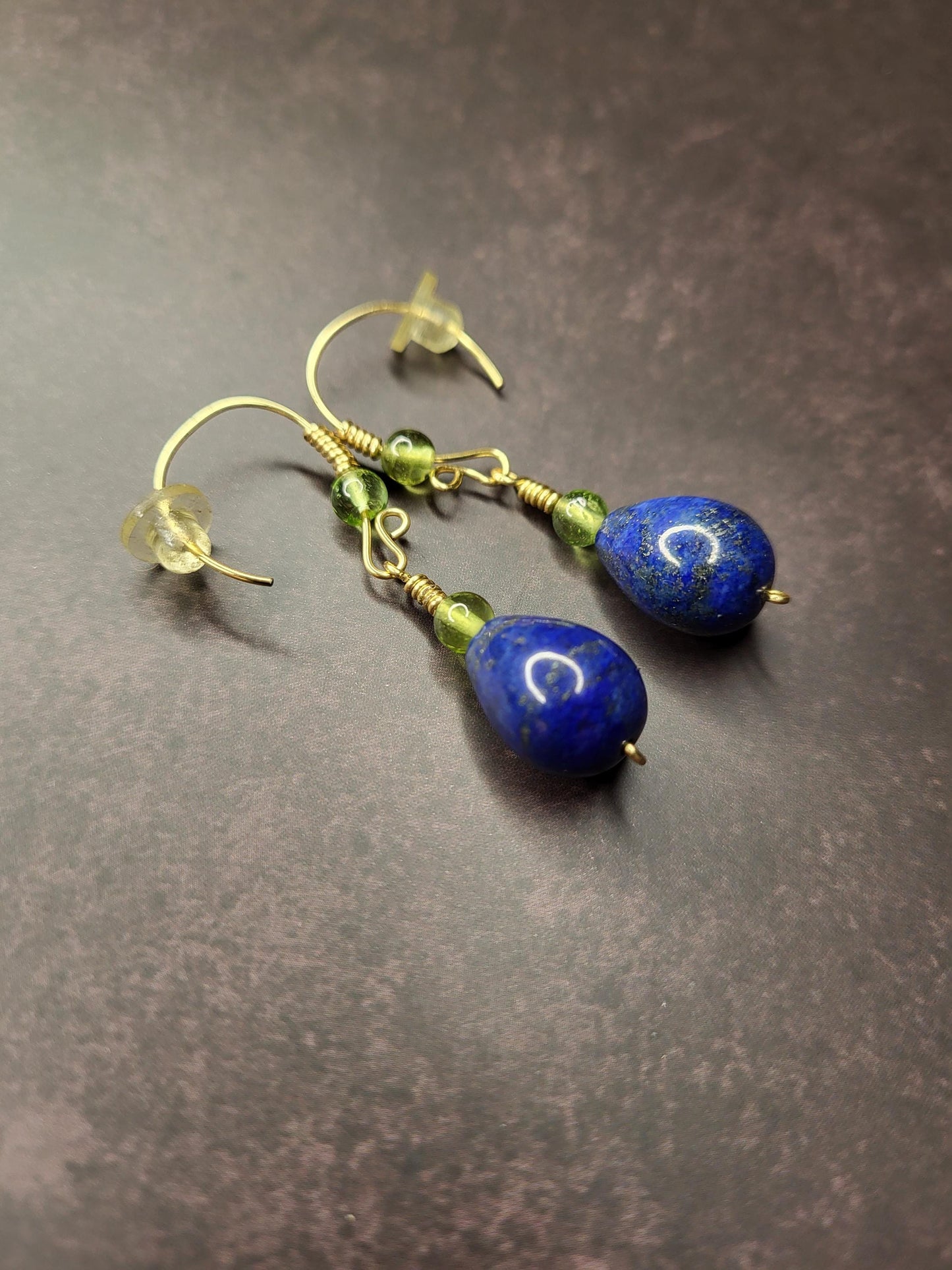 Lapis and Peridot Earrings with Brass Handmade