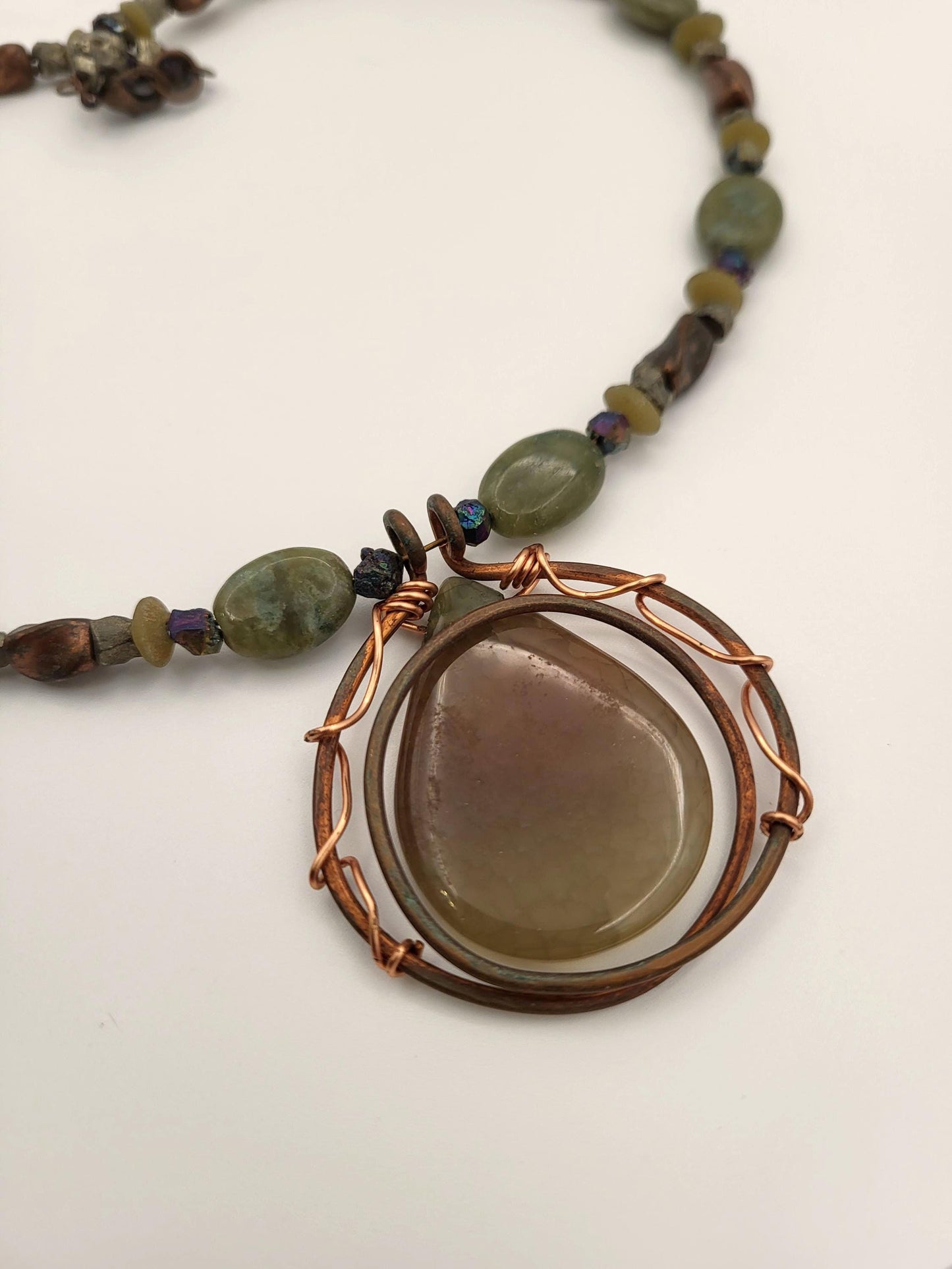 Moss Agate Olive Jasper Jade and Copper Necklace