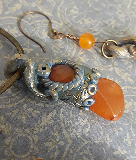 Fairy Carnelian Pendant and Earrings, Polymer Clay and Gems.