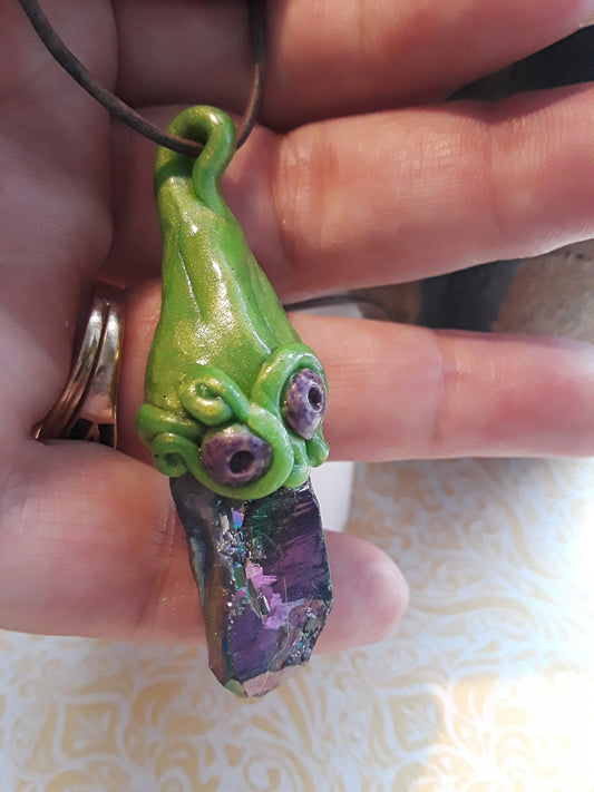 Crystal and sculpted clay. Fairy forest stone. Fantasy jewelry.