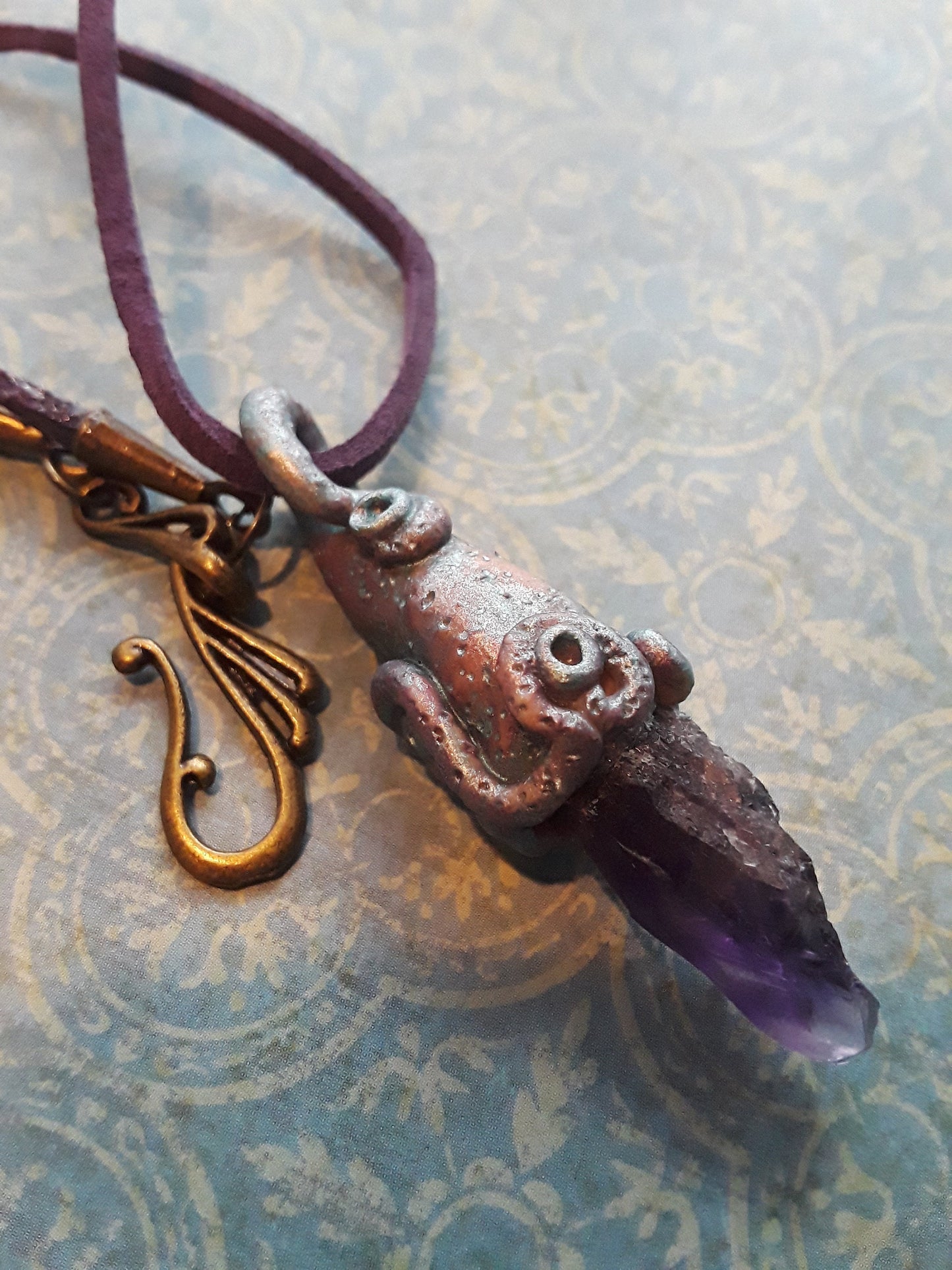 Fairy Jewelry. Amethyst and Clay. Handmade Sculptured Pendant & Earrings.