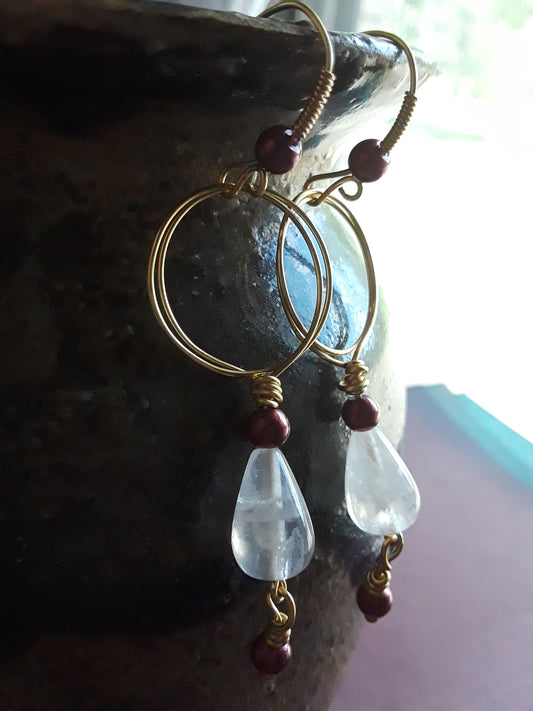 Rose Quartz Earrings with Burgundy Glass Pearls wire wrapped in Brass