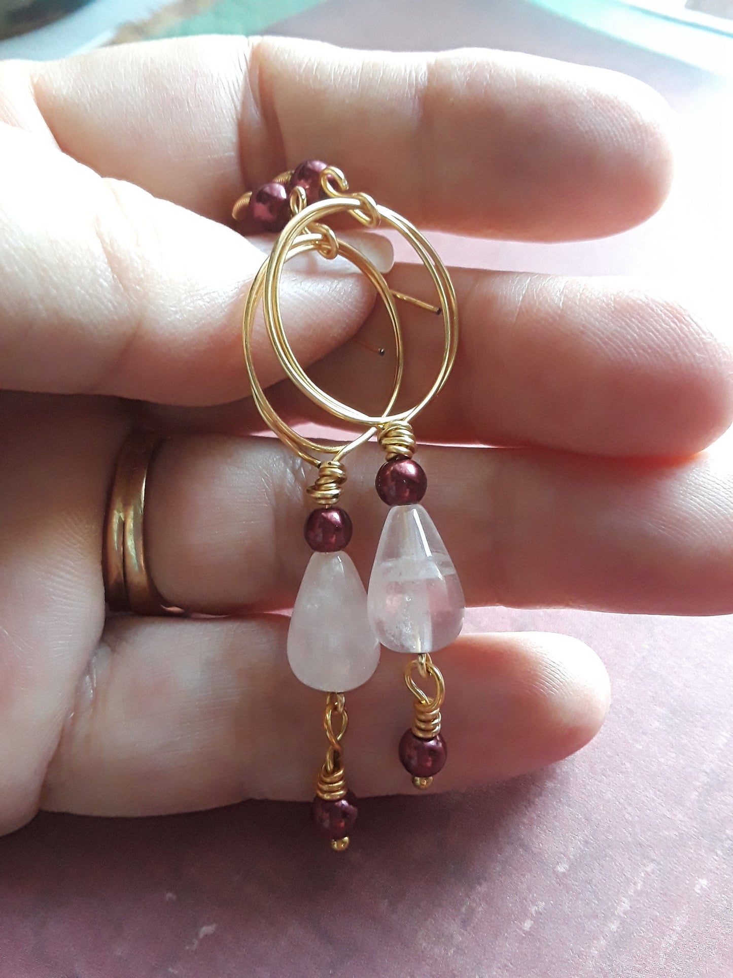 Rose Quartz Earrings with Burgundy Glass Pearls wire wrapped in Brass