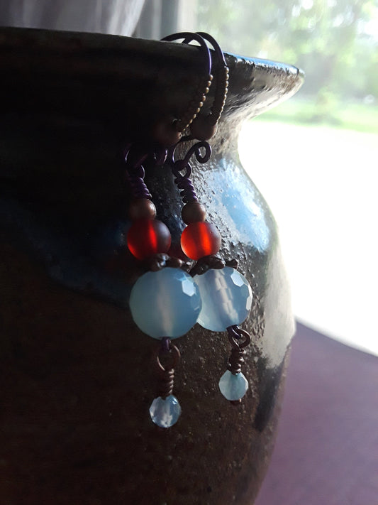 Fire and Ice Earrings Blue Fire Agate, Red Glass Beads, Copper Beads and Bronze wire handmade