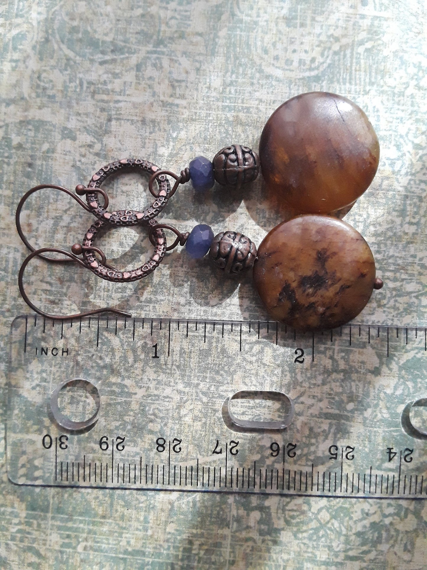 Brown Agate, Blue Iolite and Copper Dangle Earrings
