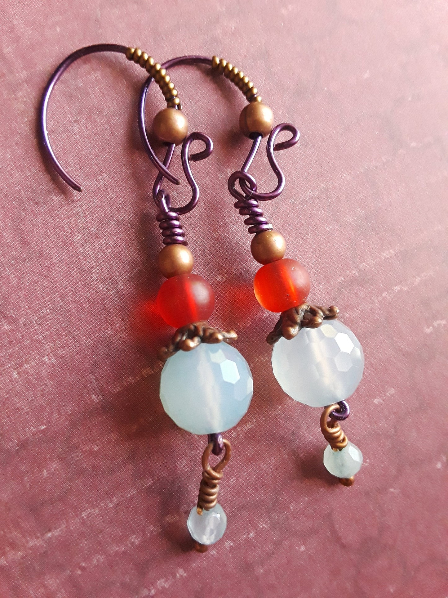 Fire and Ice Earrings Blue Fire Agate, Red Glass Beads, Copper Beads and Bronze wire handmade