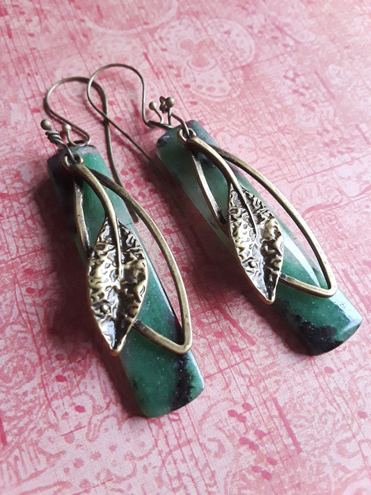 Zoisite and Bronze Drop Earrings with Bronze Leaves