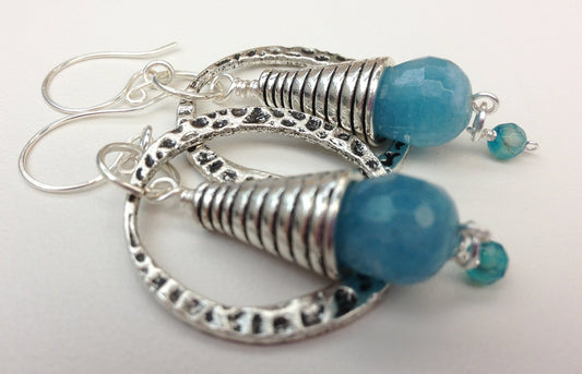 Aqua Marine, Agate and Silver Earrings