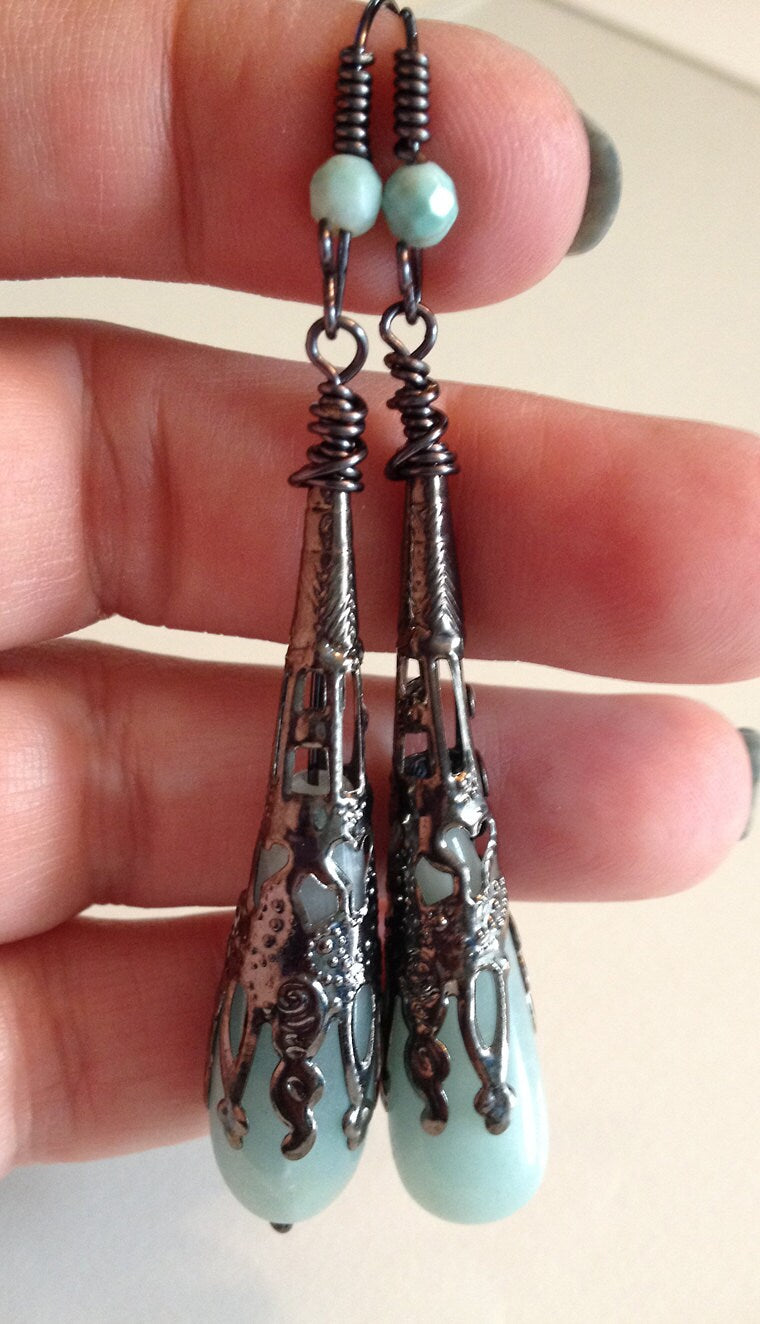 Amazonite Wire Wrapped Earrings with Gun Metal Wire and Bead Cap