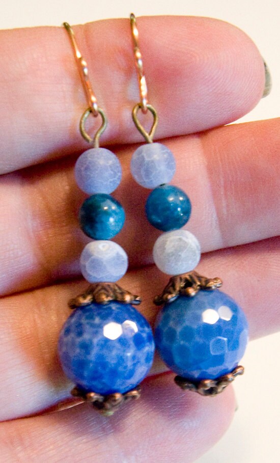 Blue Fire And Smokey Baby Blue Agate with Blue Jasper Beads Neckace and Earrings Handmade