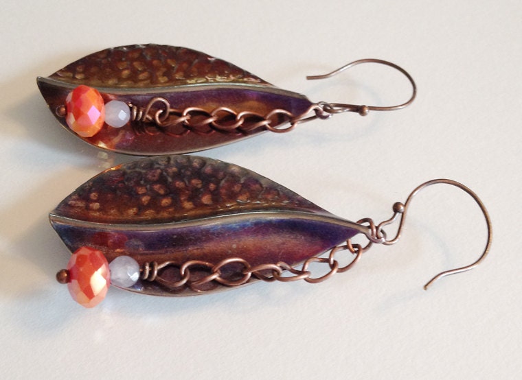 Bronze Toned Leaves with Firey Orange Crystals Dangle Earrings