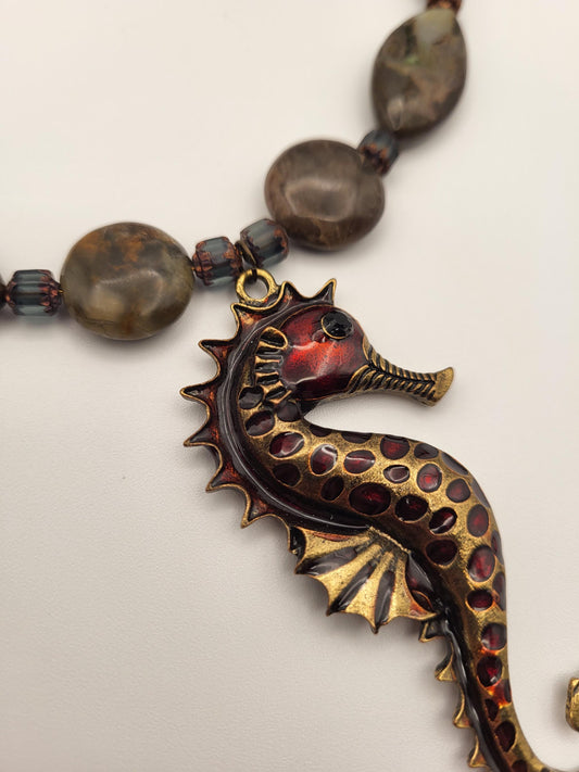 Sea Horse and Olive Jasper Amethyst and Copper Necklace
