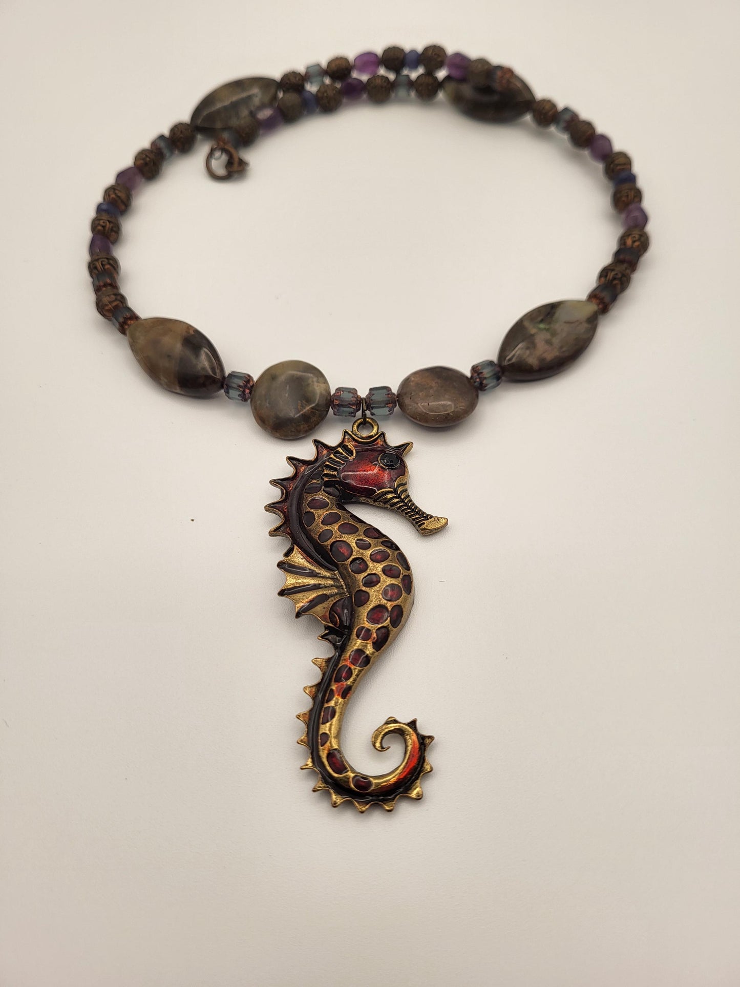 Sea Horse and Olive Jasper Amethyst and Copper Necklace