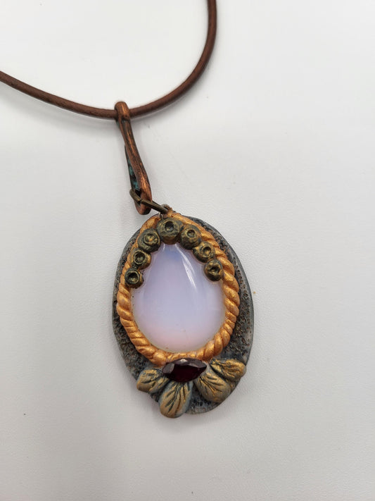 Opalite & Garnet Pendant Necklace made with Polymer Clay Sculpture on a Leather Cord