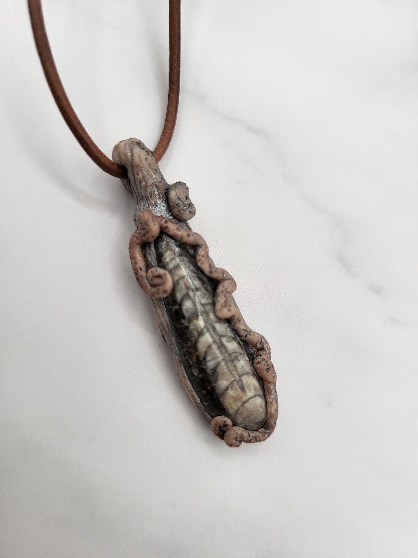 Clay wrapped Ammonite stone. Fairy Forest Necklace. Fantasy jewelry. Nature Pendant.