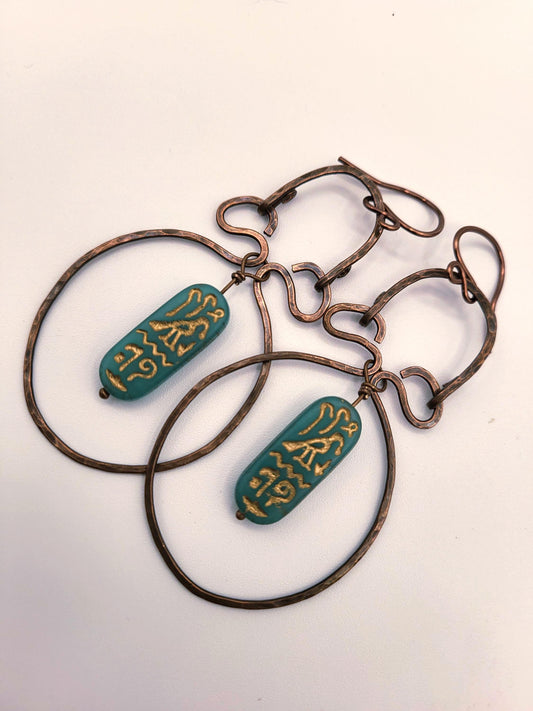 Egyptian Style Blue Green Cartouche Hammered and Oxidized Handmade Copper Earrings