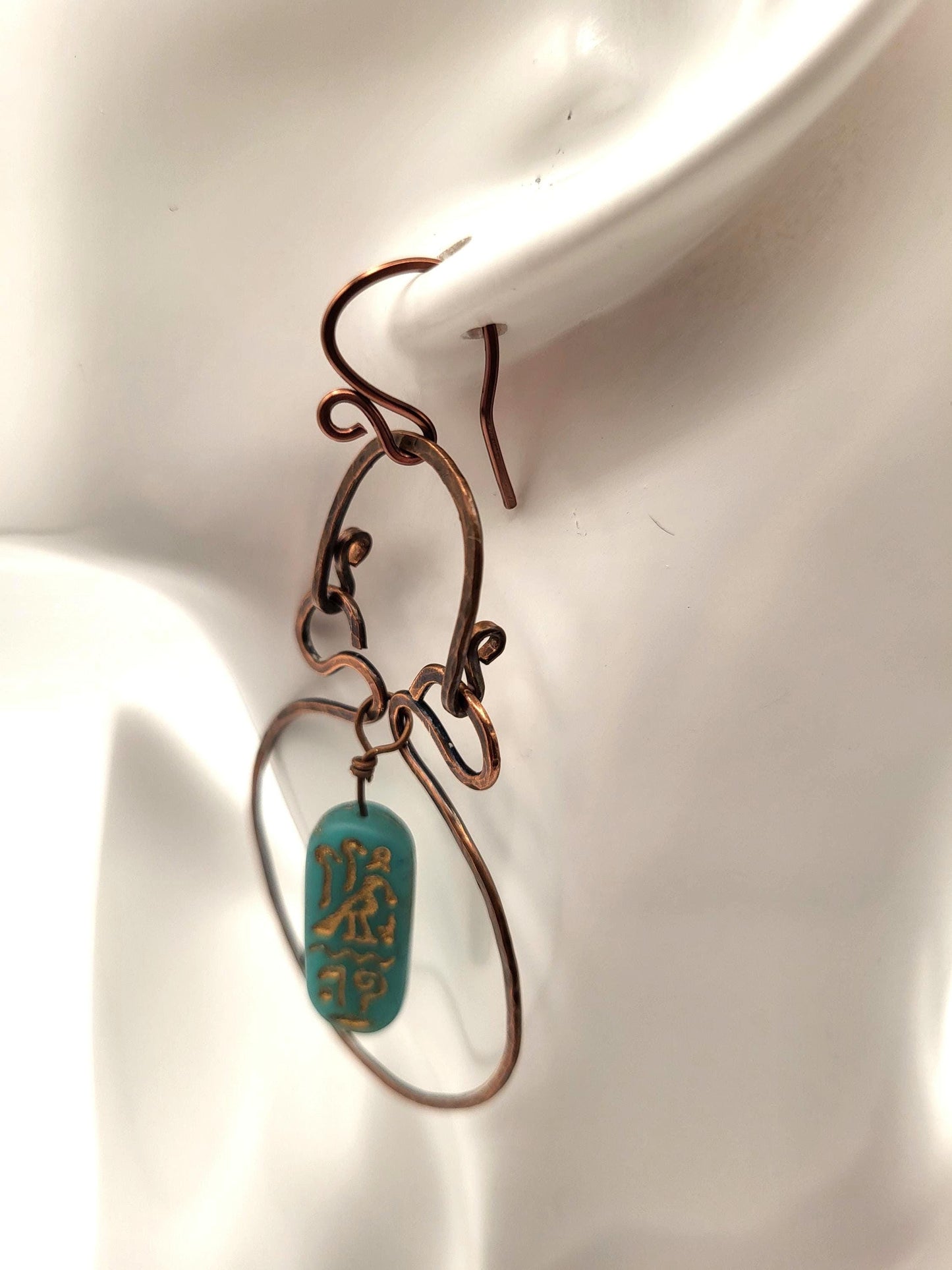 Egyptian Style Blue Green Cartouche Hammered and Oxidized Handmade Copper Earrings