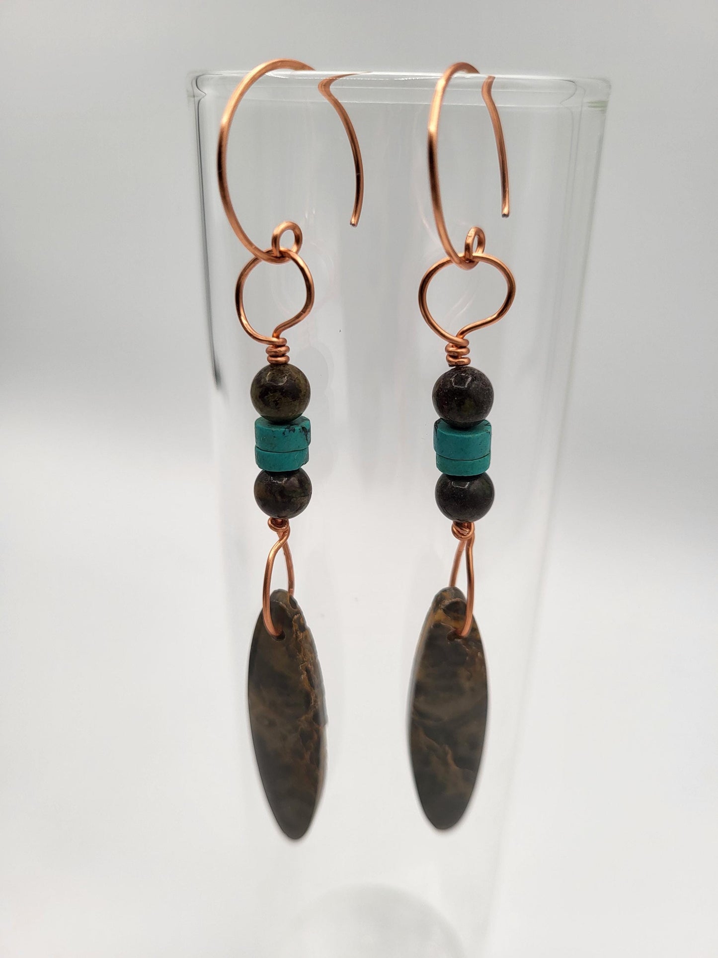 Tan and Gray Jasper Stones with Turquoise beads and Copper Drop Earrings