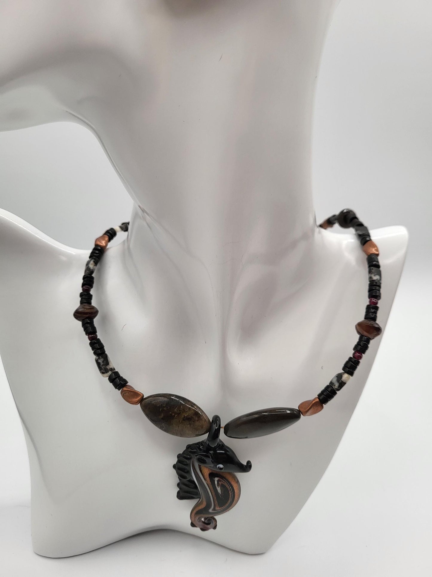 Glass Seahorse Beaded Necklace - Brown Jasper, Copper, Agates