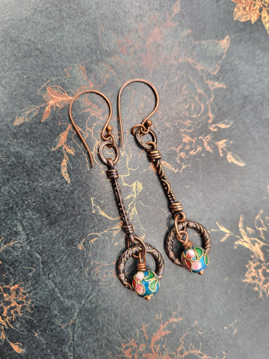 Copper and Enamel beaded earrings. Copper Bohemian Earrings