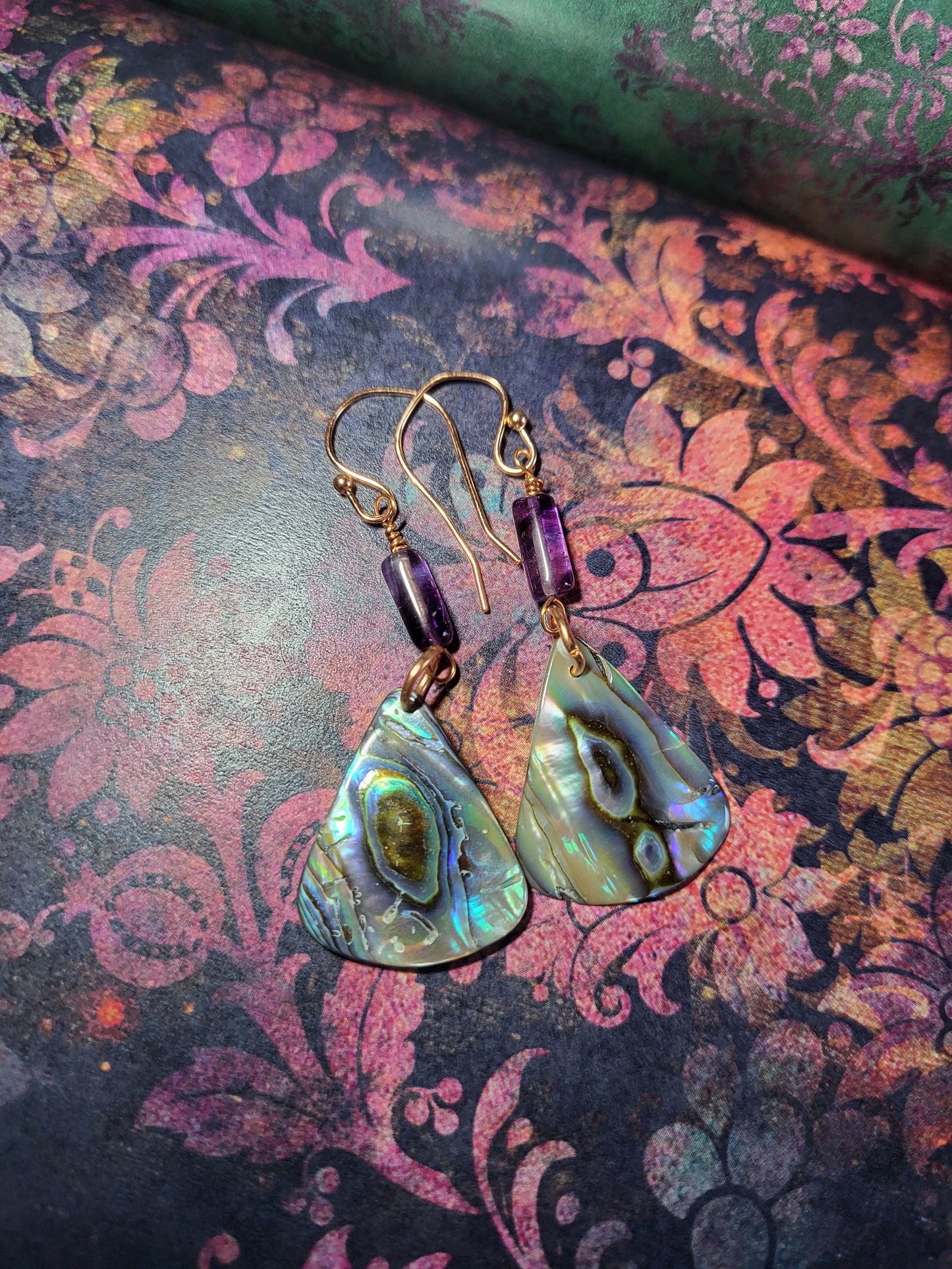 Abalone, Amethyst and Copper Drop Earrings