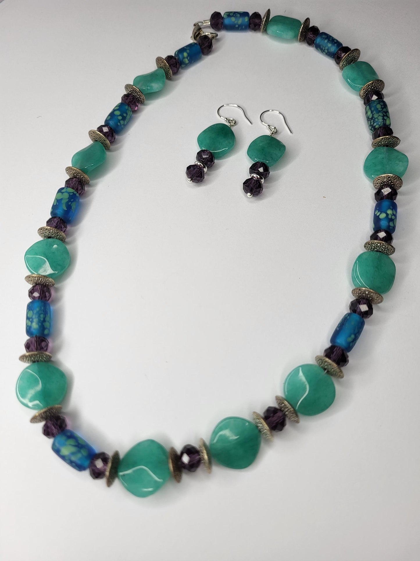 Green Aventurine and Purple Crystal Earrings and Necklace