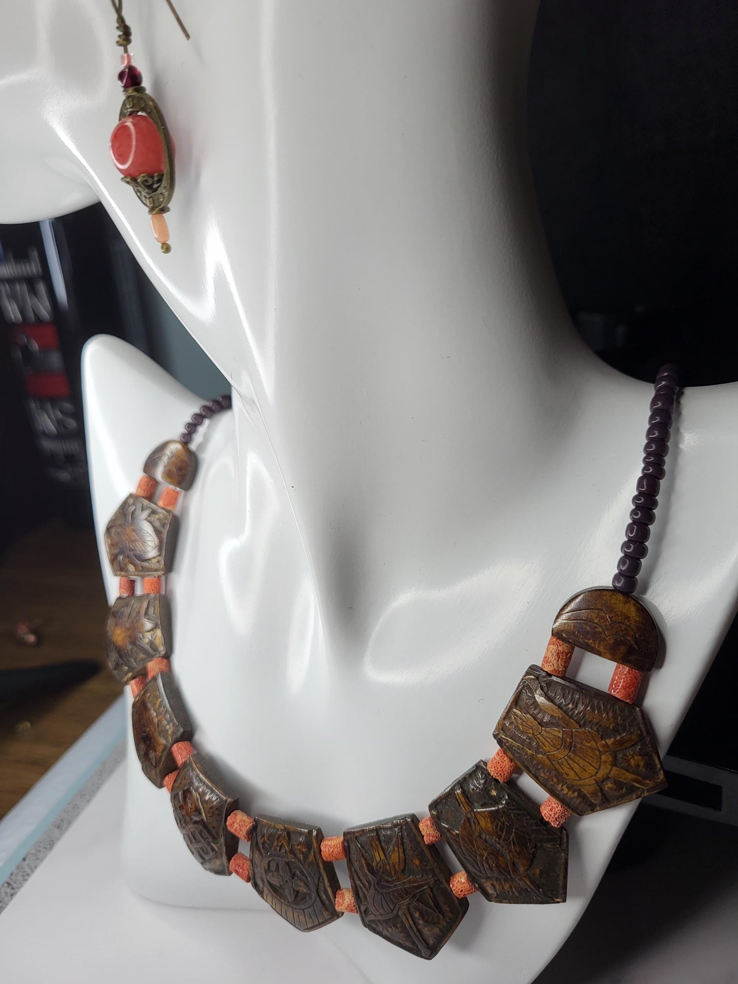 Coral and Carved Wooden Nepal Bead Neckace with Sunstone Earrings set
