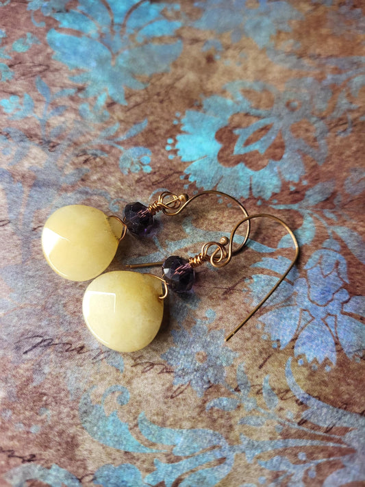 Tan Jade and Red Copper dangle Earrings with Burgundy Crystal