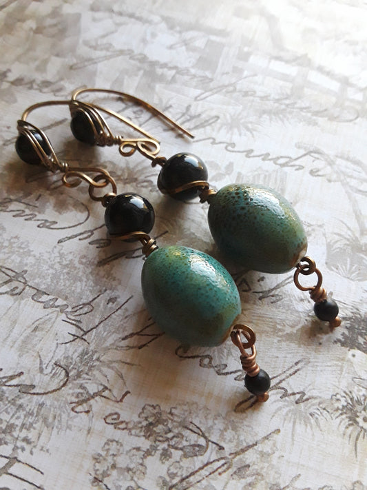 Onyx Stones and Ceramic Beads Wire Wrapped Earrings