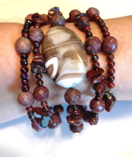 Brown Jasper and Agate Beaded Wrap Bracelet Handmade
