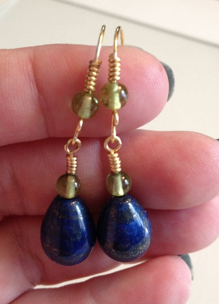 Lapis and Peridot Earrings with Brass Handmade