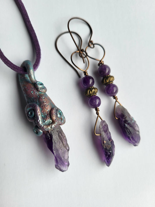 Fairy Jewelry. Amethyst and Clay. Handmade Sculptured Pendant & Earrings.