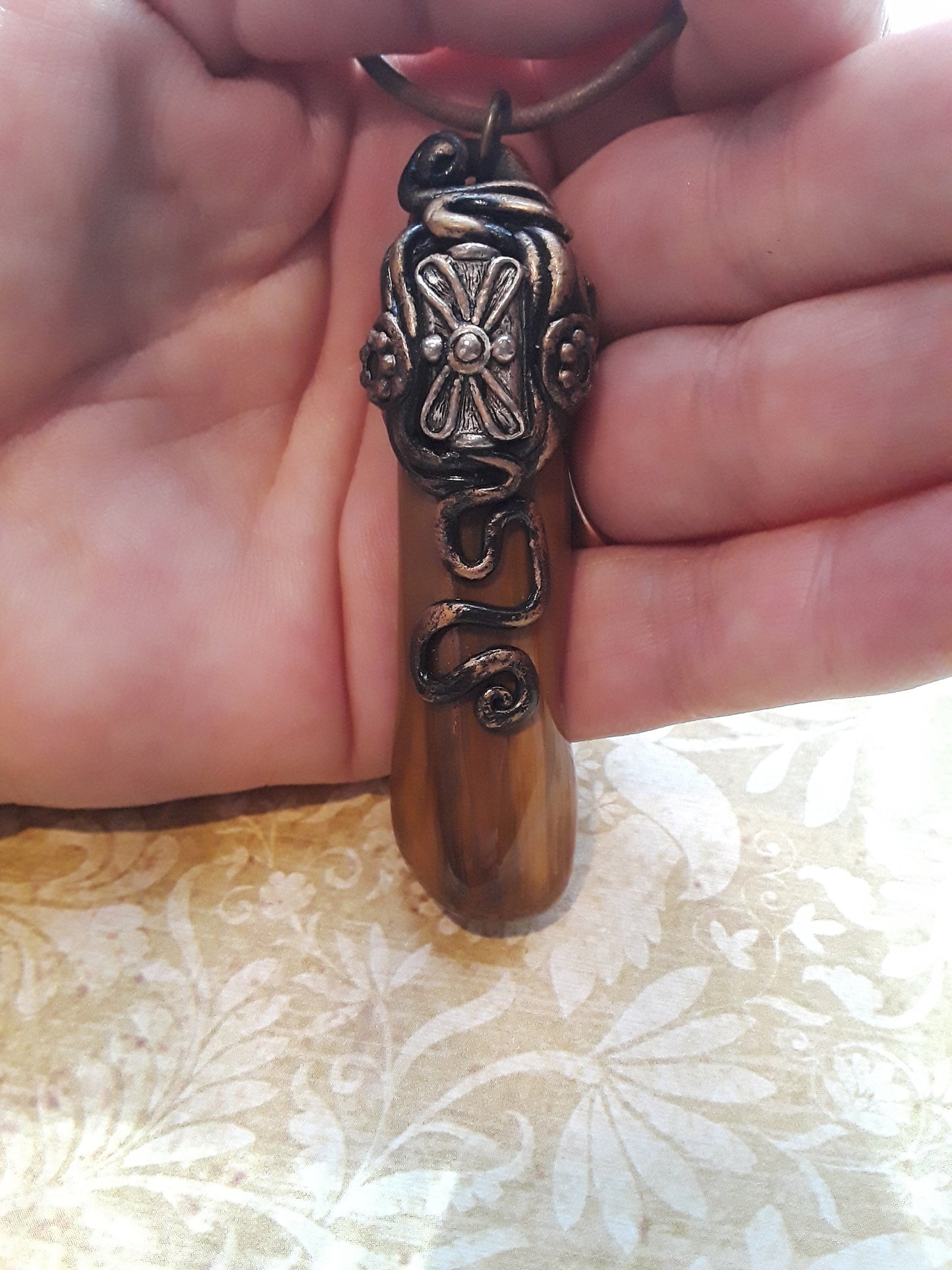 Large Tiger Eye Pendant with Polymer Clay Design on a Leather Cord