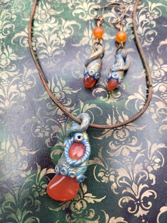 Fairy Carnelian Pendant and Earrings, Polymer Clay and Gems.