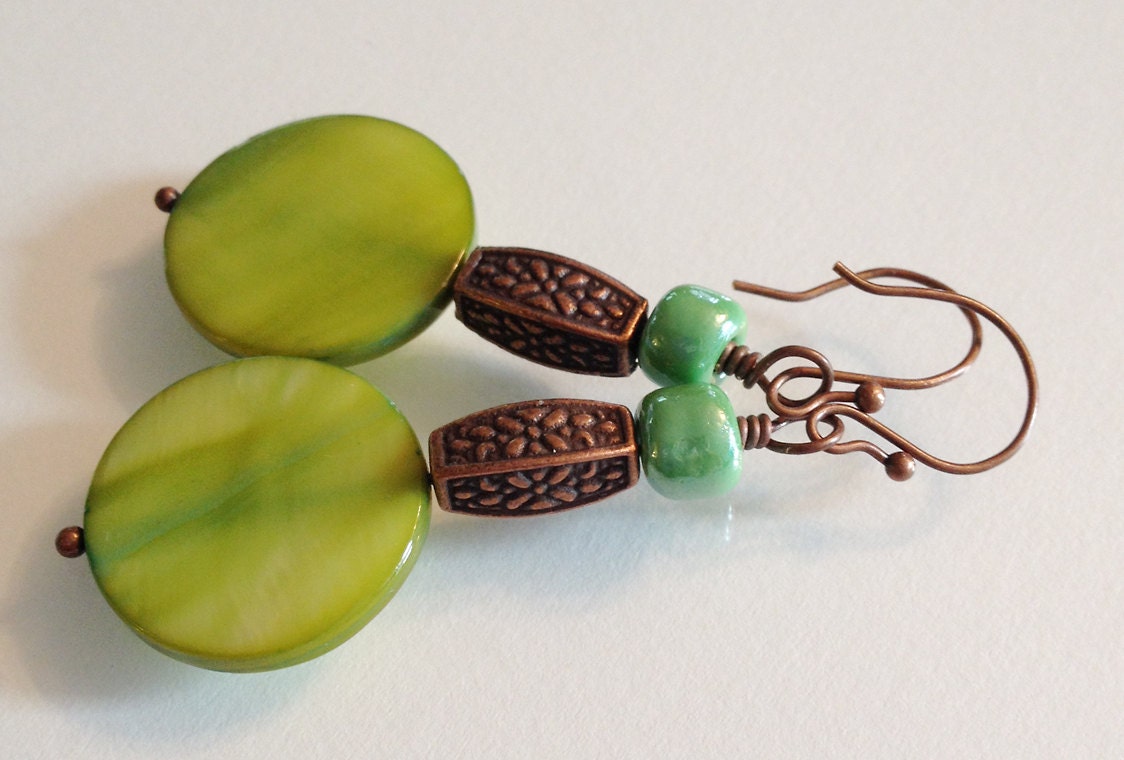 Green Shell, Copper and Glass Beaded Earrings Wire Wrapped Earrings