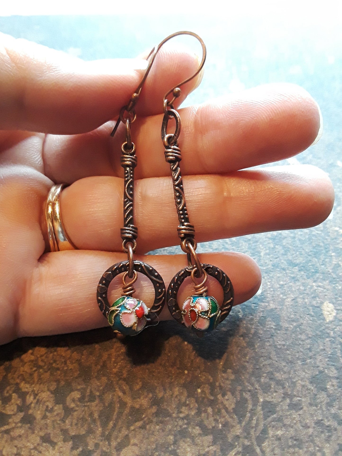 Copper and Enamel beaded earrings. Copper Bohemian Earrings