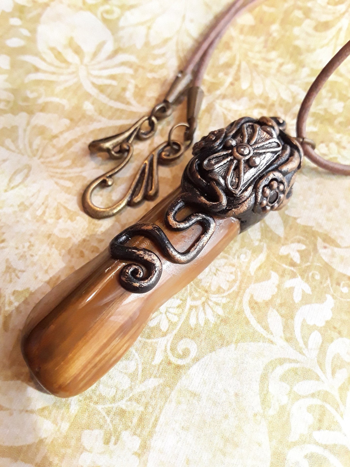 Large Tiger Eye Pendant with Polymer Clay Design on a Leather Cord