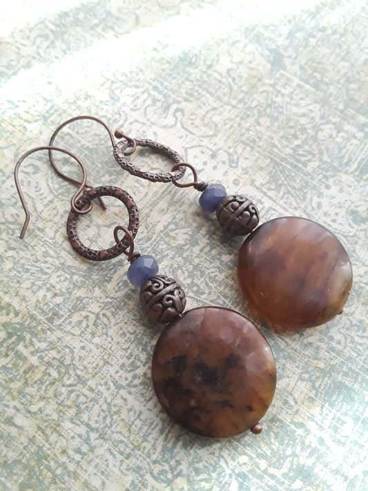 Brown Agate, Blue Iolite and Copper Dangle Earrings