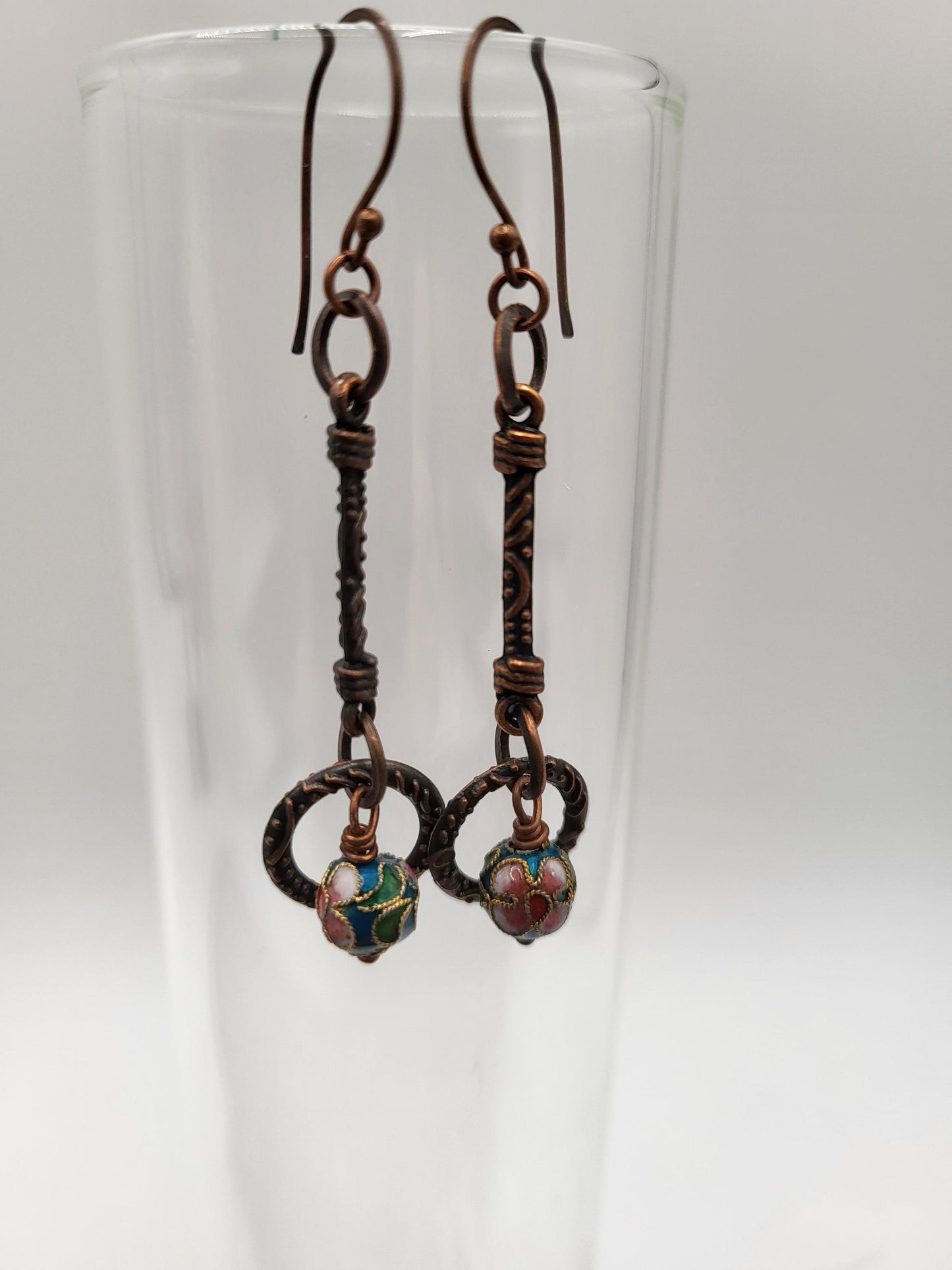 Copper and Enamel beaded earrings. Copper Bohemian Earrings