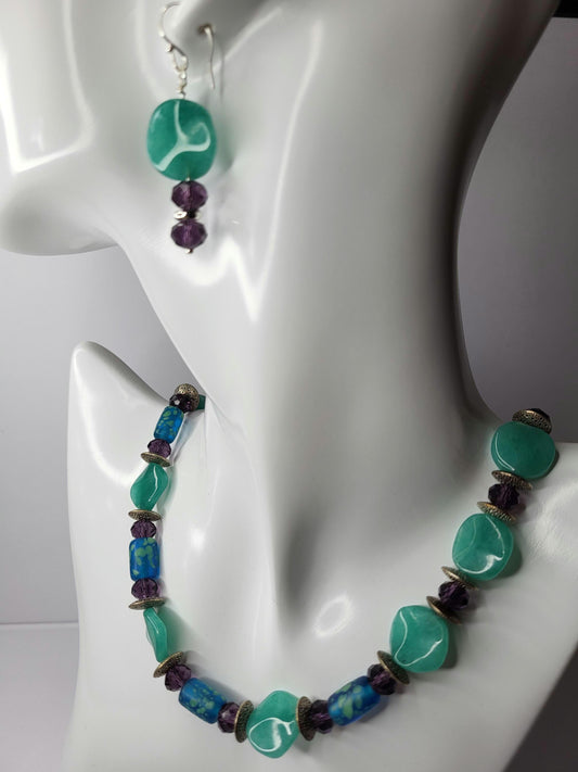 Green Aventurine and Purple Crystal Earrings and Necklace
