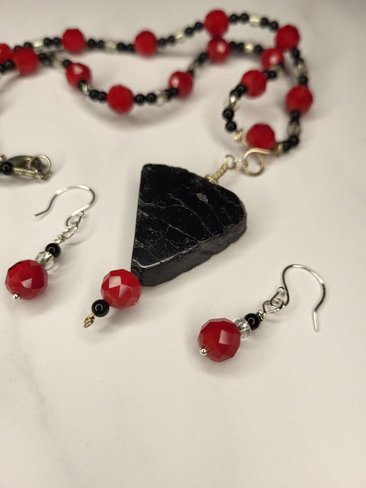 Black Tourmaline Pendant Necklace with Red Glass Beads & Handmade Silver Earrings