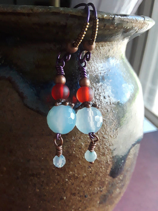Fire and Ice Earrings Blue Fire Agate, Red Glass Beads, Copper Beads and Bronze wire handmade