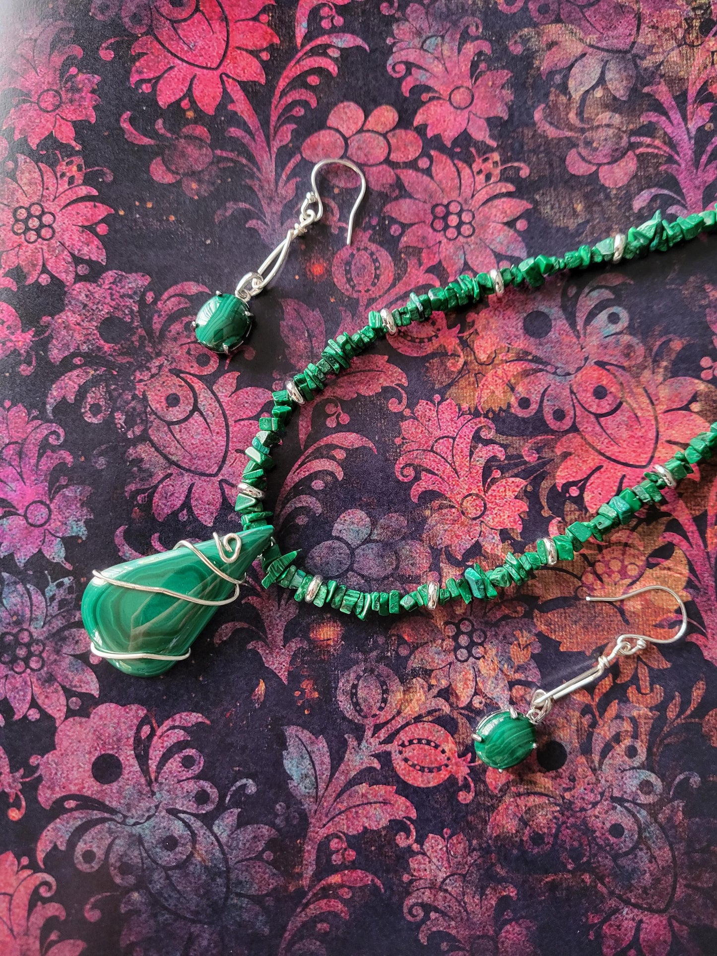 Malachite and Silver Necklace and Earrings Handmade