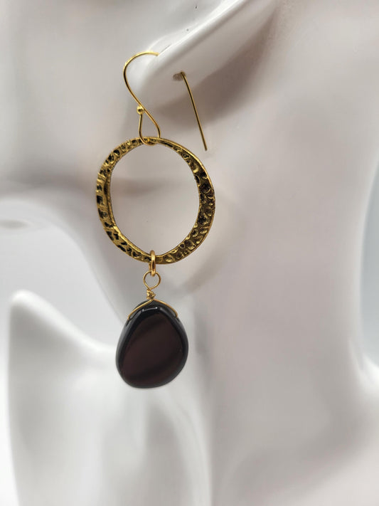Black Onyx Stones with Antique Gold Hoops Dangle Earrings