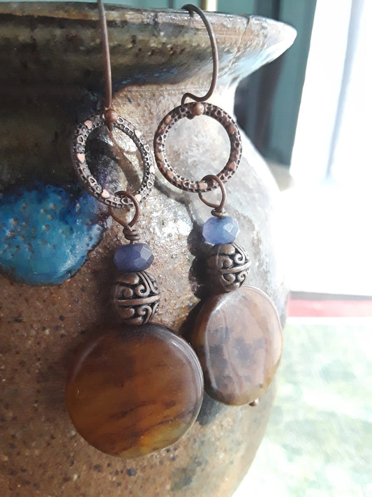 Brown Agate, Blue Iolite and Copper Dangle Earrings